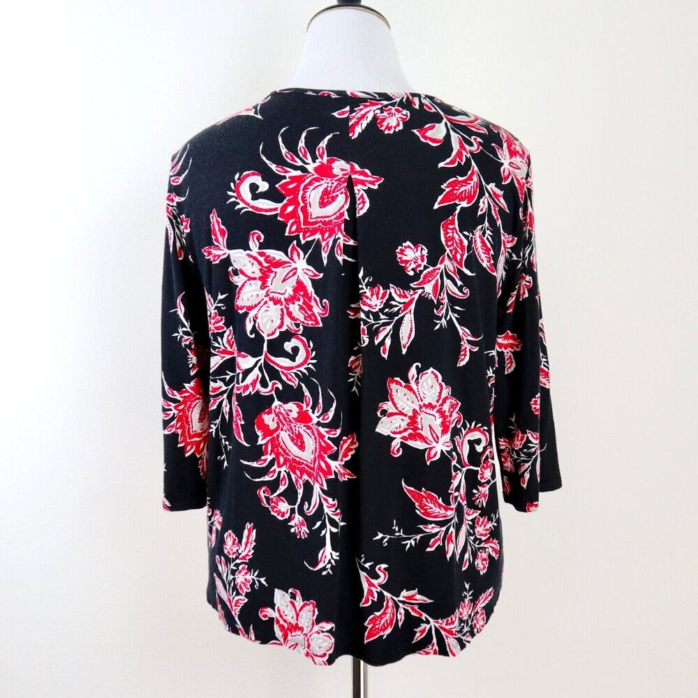 J Jill Size L Wearever Collection Jersey Knit Tee Floral Black Red - Picture 4 of 8